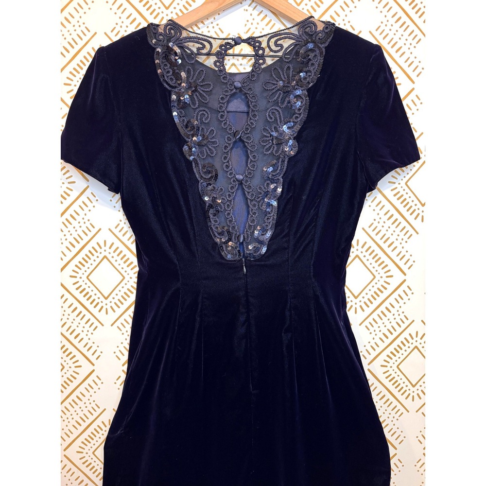 Vintage Velvet Lace Sequin Evening Dress Size 6 Short Sleeve Formal Gown Retro
